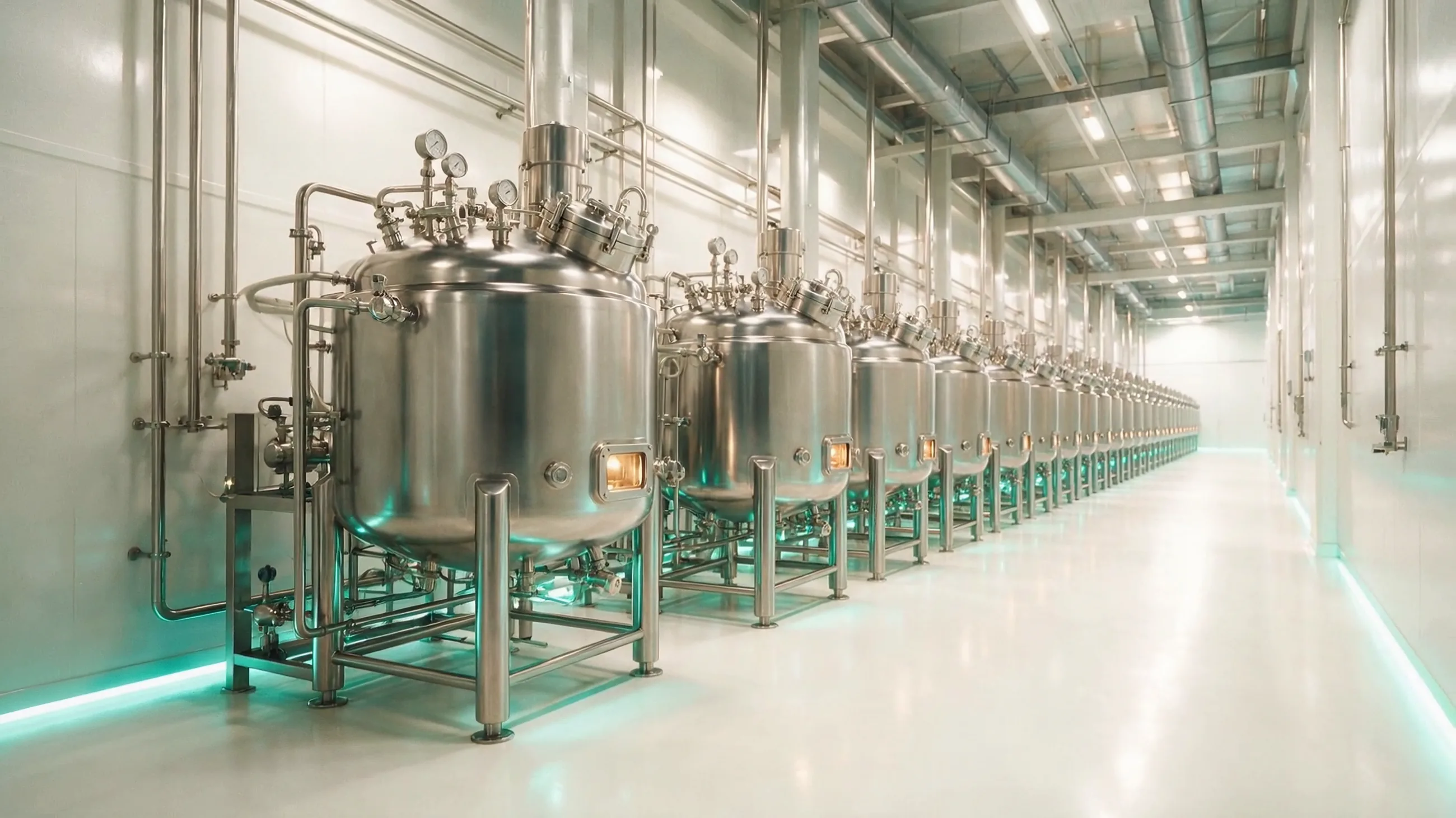 Nave de producción con una hilera de biorreactores de acero inoxidable